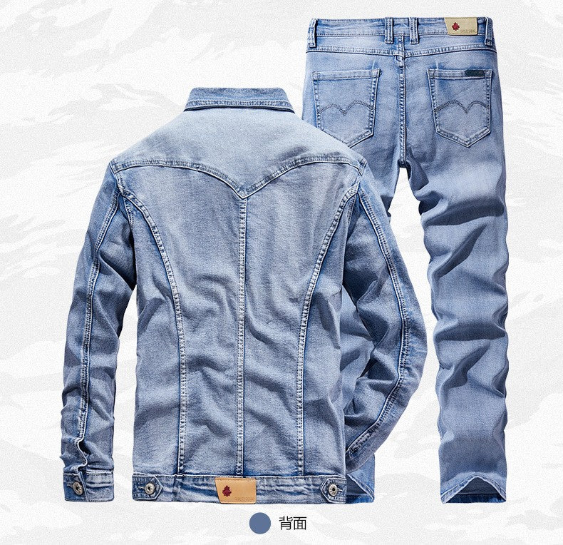 Sets Blue Jean Jackets Men's Fashion Multi Pockets Loose Casual Cotton Vintage Street Cowboy Coats Brand Clothes Denim Pants Men