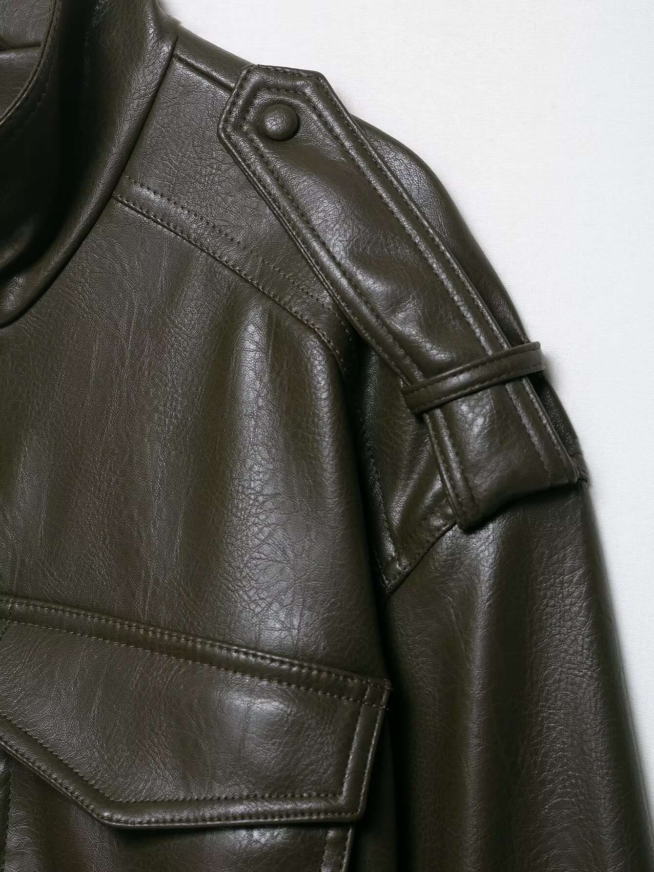 HH Women Large Front Pocket Jacket Vintage Solid Turtleneck Long Sleeve Zipper Faux Leather Jacket Fashion High Street Lady Coat