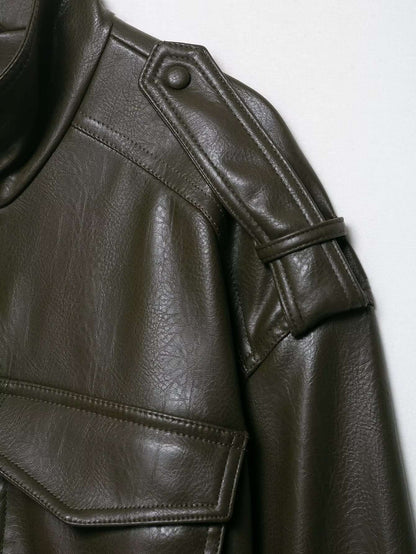 HH Women Large Front Pocket Jacket Vintage Solid Turtleneck Long Sleeve Zipper Faux Leather Jacket Fashion High Street Lady Coat