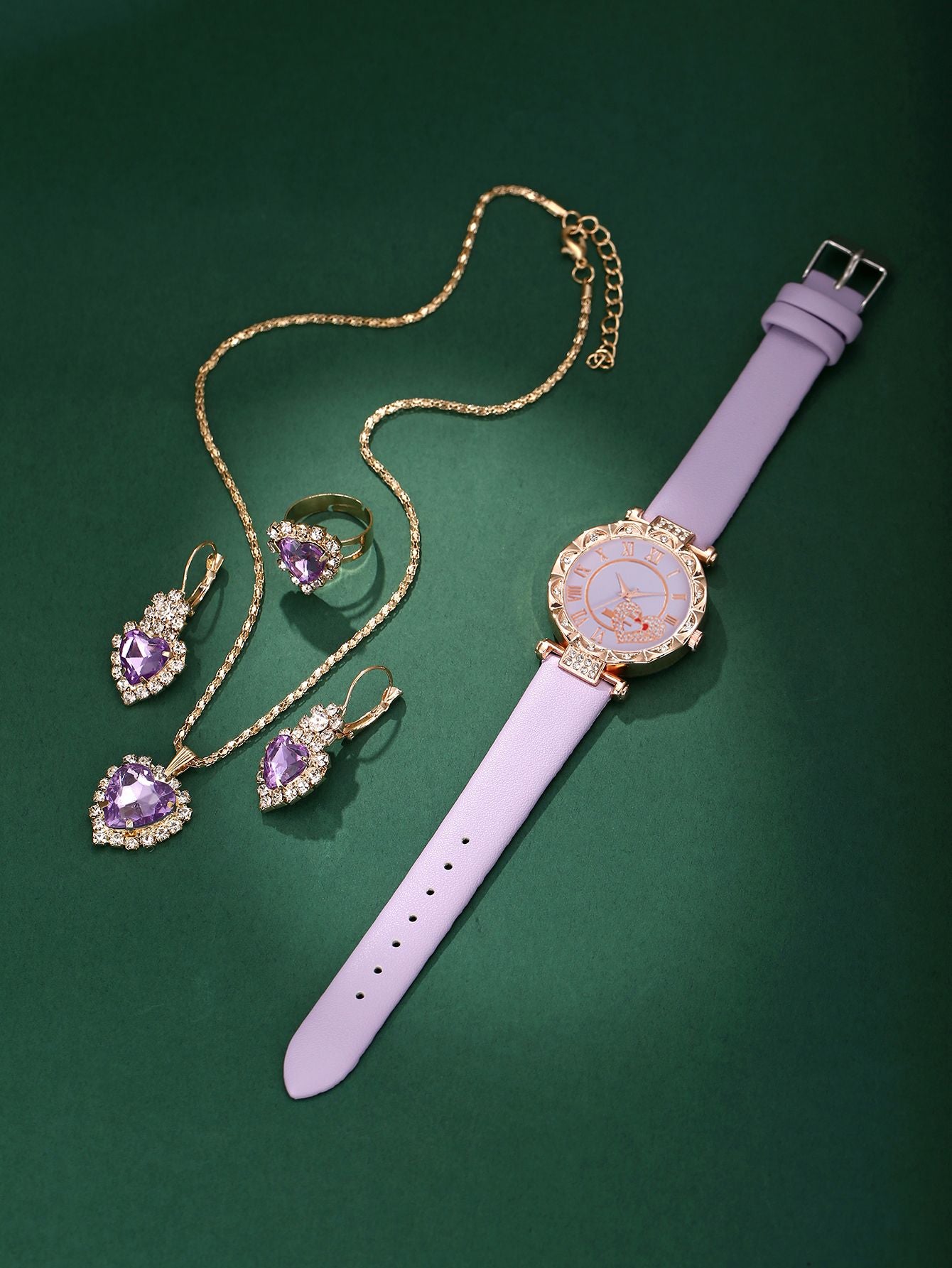 5PCS Wo5PCS Women's Love Set Diamond Dial Fashion men's Love Set Diamond Dial Fashion Versatile Alloy Case Pointer Leather Watch