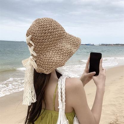 Straw Hat Women's Lace Bow Hollow Crochet Cap Summer Sunshade Sun Hat Fashion Foldable Beach Hat
