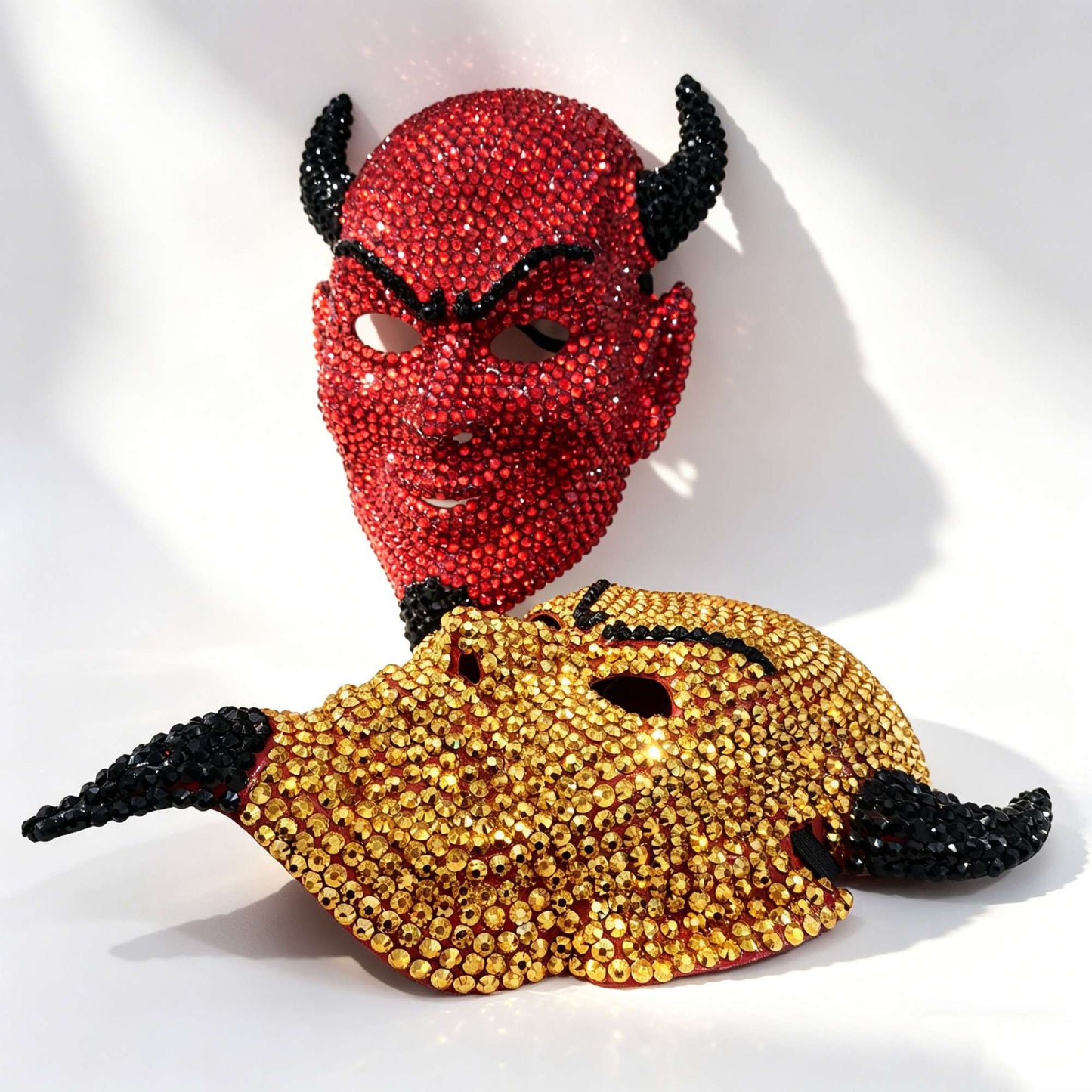 Horned Devil Rhinestone Mask, Crystal Full Face Demon Mask for Halloween Costume, Masquerade, and Festival Parties