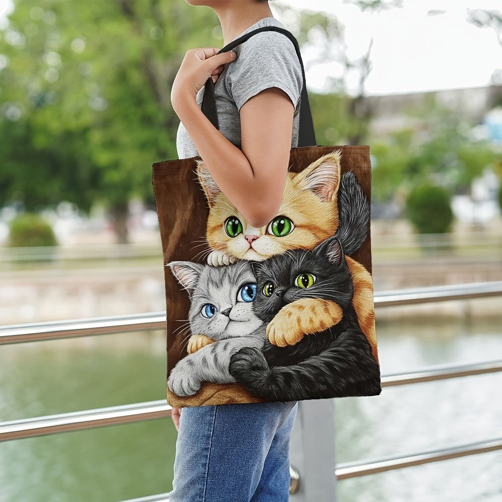 Cute Snuggling Kittens Tote Bag Durable Polyester Foldable Reusable Shopping Bag with Colorful Cat Large Capacity Handbag