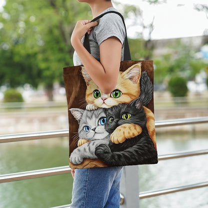 Cute Snuggling Kittens Tote Bag Durable Polyester Foldable Reusable Shopping Bag with Colorful Cat Large Capacity Handbag