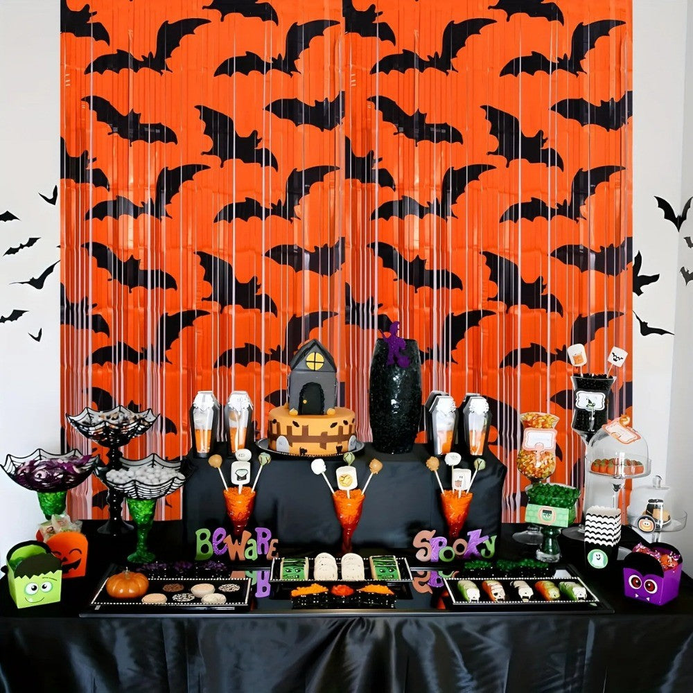1Pc Black Bat Pattern Orange Foil Fringe Backdrop, Halloween Themed Photo Booth Background Decor For Holiday Party Supplies