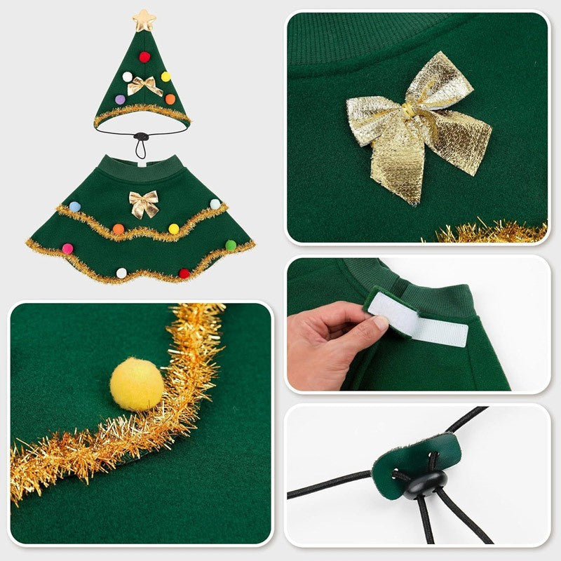 Capa de Natal para gatos e cachorros com chapéu, estrelas e pompons, adequada para cães de pequeno e médio porte durante o Natal