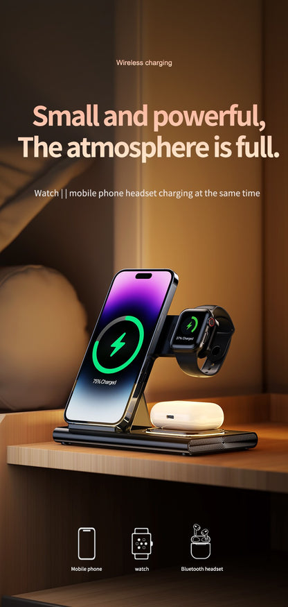 Carregador Sem Fio Dobrável 3 Em 1 De 300W Suporte Pad Estação De Carregamento Rápido De Mesa Para iPhone 16 15 14 13 Samsung Apple Watch Airpods