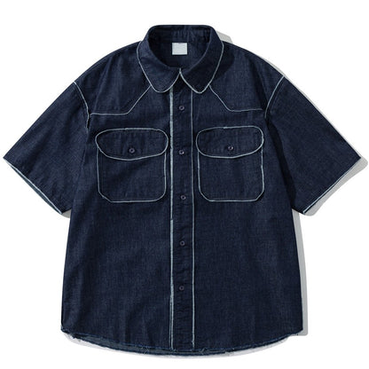 Vintage Raw Edge Denim Shirts Mens Streetwear Harajuku Short Sleeve Shirt Men Loose Casual Cargo Blouse Japan Style Tops Male