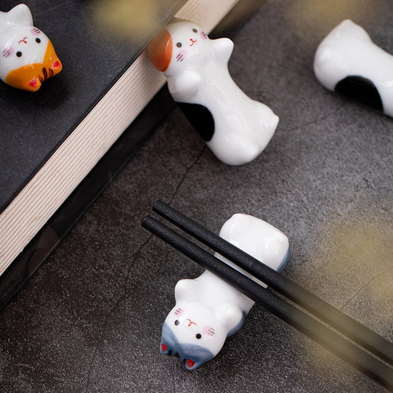 Conjunto de Descanso de Hashi de Cerâmica Gato Fofo Suporte de Hashi de Sushi de Comida Suporte de Garfo de Colher de Cerâmica Artesanato Suporte de Travesseiro