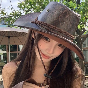 Cool Ethnic Style Western Cowboy Hat Roll Brim Wide Brim Cowgirl Jazz Hat Solid Color Polyester Visor Cap Cycling