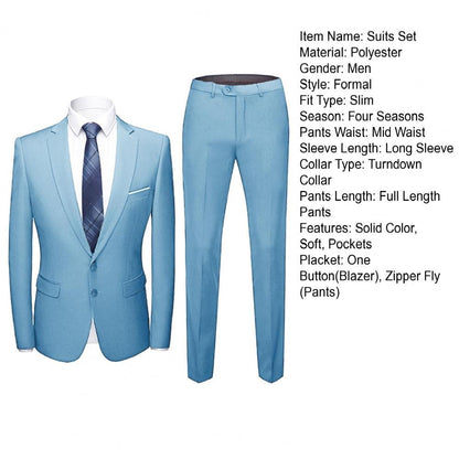 Popular Men Suit Set Temperament Turndown Collar Cozy Slimming Pure Color Pants Groom Suit Fine Stitching