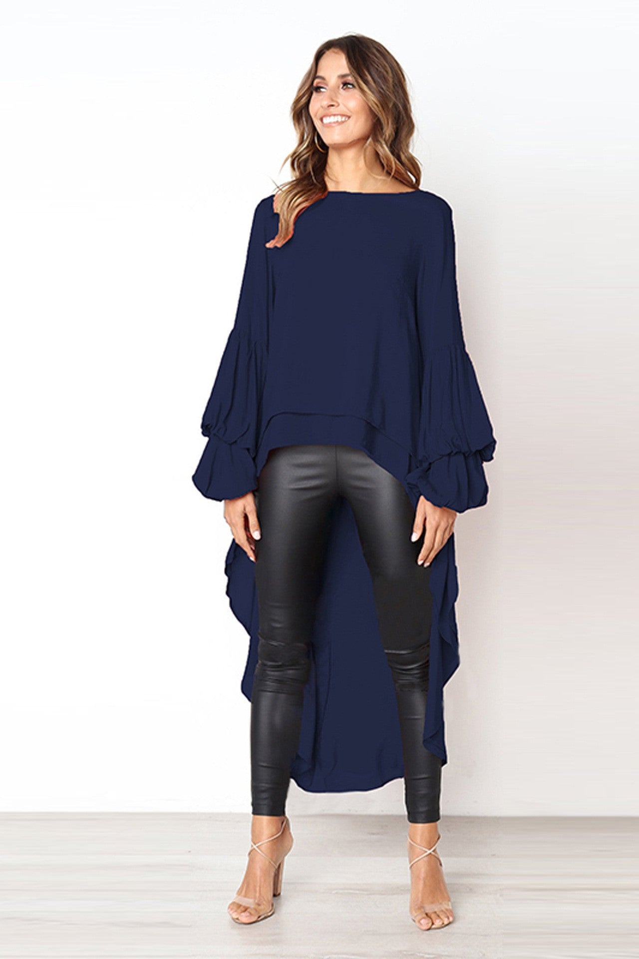 Elegant Solid Color Chiffon Shirts Women O Neck Lantern Sleeves Irregular Long Blouses Tops Temperament Lady Commuting Clothing