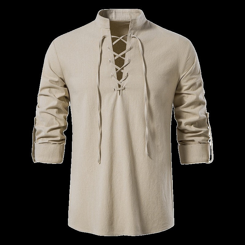 Men's Renaissance Shirt Pirate Medieval Viking top Cotton Linen Shirts Men Long Sleeved Halloween Costume
