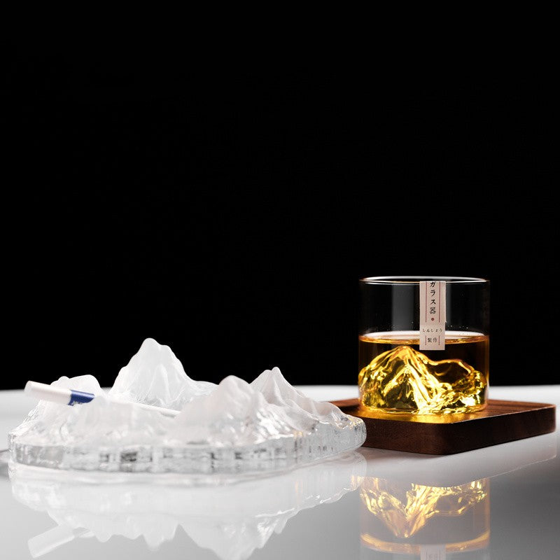 Conjunto de Copos de Uísque de Montanha Glacial 3D Japonesa - Copos Baixos & para Pedras com Caixa de Presente de Madeira para Uísque, Vodka, Vinho