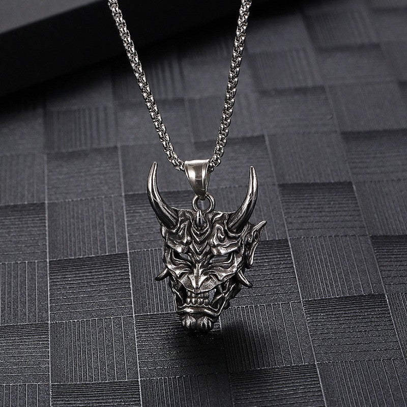 Gold Color Horn Ghost Mask Pendant Necklace For Men Retro Style Stainless Steel Neck Chain Silver Color Jewelry Halloween Gift