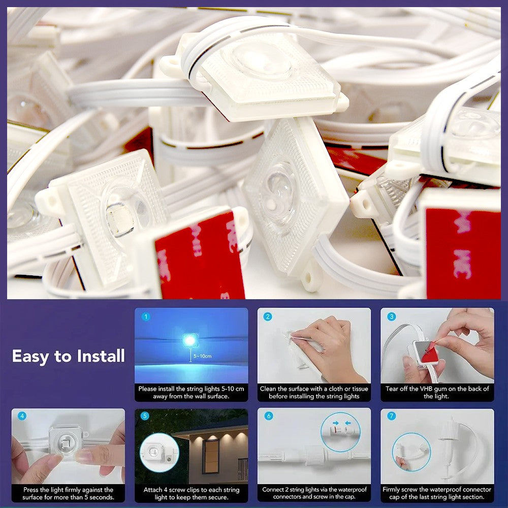 External Permanent RGB IC Waterproof Smart Light String, with Music-Synchronized Dynamic Lighting Effects for Holiday Decoration