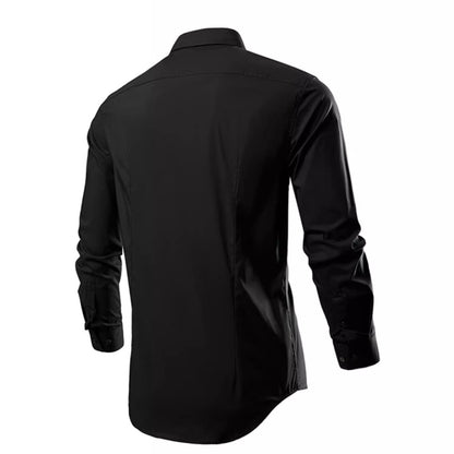 Black Mens Embroidered Long Sleeve Shirt, Black Single Breasted Lapel Casual Shirts, Asian Size M-6XL