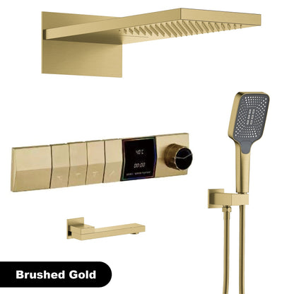 Sistema de chuveiro de parede com temperatura constante em latão cinza chumbo, montado na parede, com display digital LED, torneira de banheiro com água quente e fria