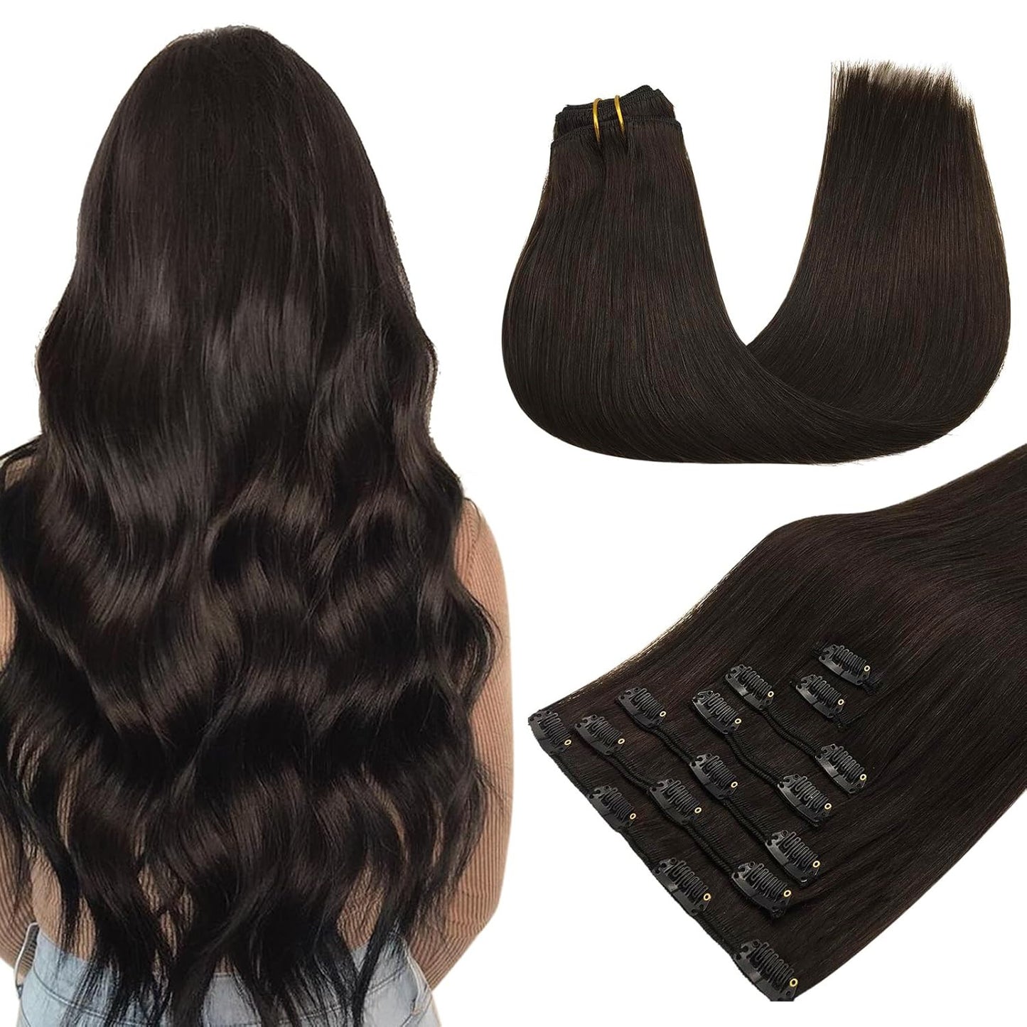 Extensões de Cabelo Sintéticas Pretas Lisas de 22 Polegadas de Comprimento 130g 7 Peças com Presilhas
