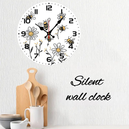 Bee And Daisy Wooden Round Silent Hanging Wall Clock, Suitable For Living Room, Office, Study Room, Bedroom, Home Decoration