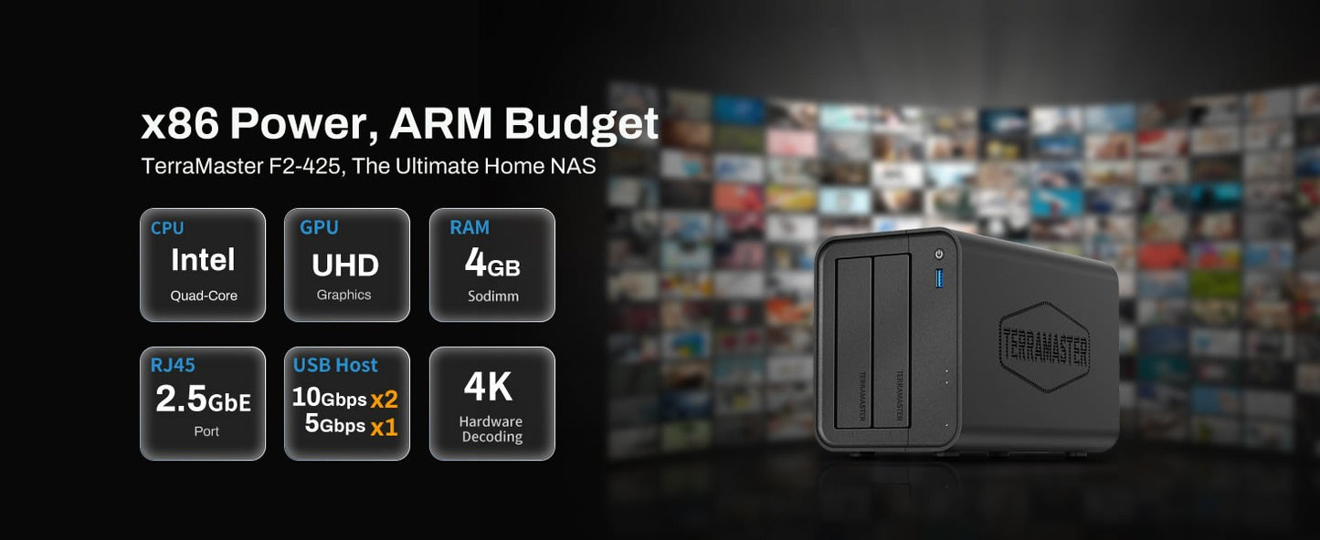 Armazenamento NAS de 2 baias TERRAMASTER F2-425 – CPU Intel x86 Quad-Core, 4GB RAM, Network Attached Storage (Sem discos)