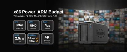 Armazenamento NAS de 2 baias TERRAMASTER F2-425 – CPU Intel x86 Quad-Core, 4GB RAM, Network Attached Storage (Sem discos)