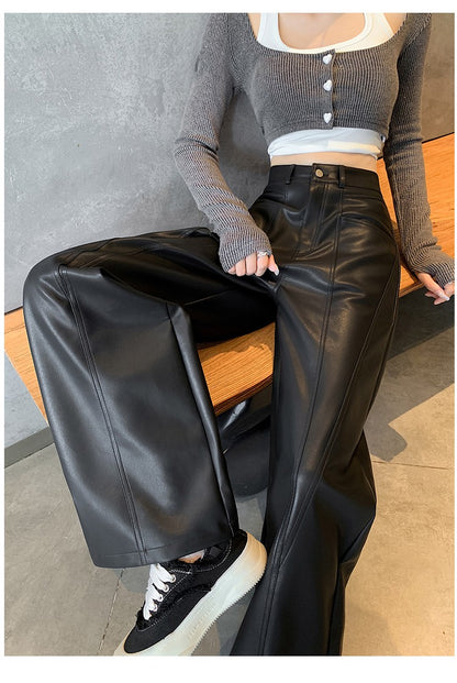 2025 New High Waist Vintage Black Women's PU Leather Wide-Leg Pants Loose Straight Retro Casual Floor-Length Pant Autumn Winter