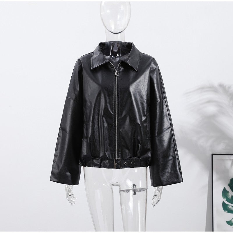 Street Stand Collar Women's Leather Jacket Loose Long Sleeve Zipper Pockets Chic Female Coats 2025 Autumn Winter Lady Outerwear