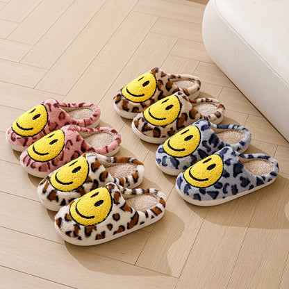 Leopard Fluffy Slippers for Home Smile Designer Platform Shoes Women 2025 Indoor Plush Sliders Warm Flats Chic Winter Footwear