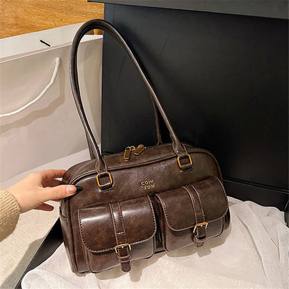 Women's Coffee Brown Multi-Pocket Handbag Shoulder Bag, Stylish Versatile Letter Crossbody Purse for Travel Work Shopping Dates