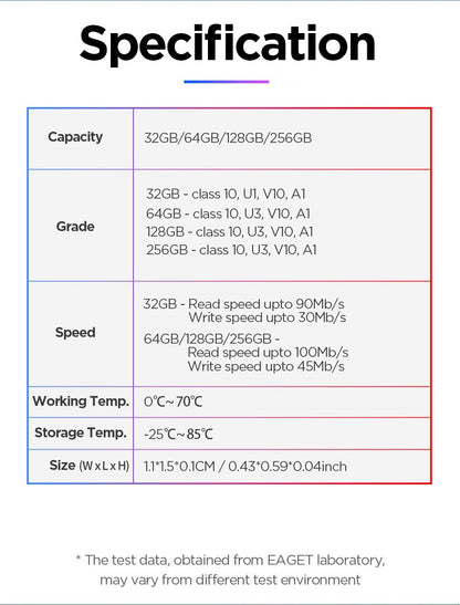 Cartão de Memória Eaget 256GB 128GB 32GB Cartão TF SD A1 V30 Classe10 UHS-1 64GB Alta Velocidade Compatível com Câmera Veicular Câmera de Vigilância