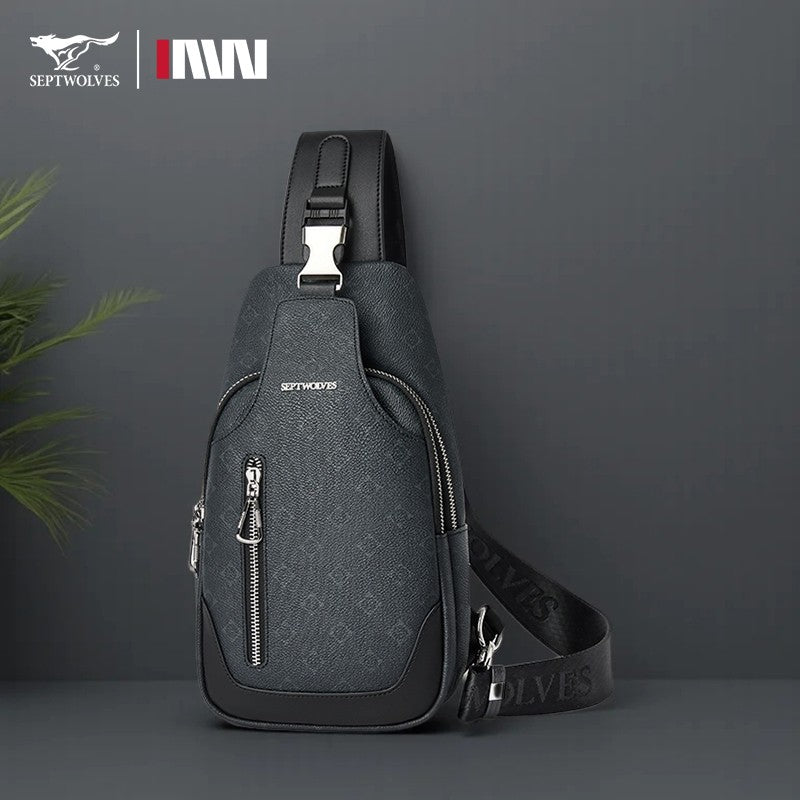 Septwolves Business Thin Printed Leather Crossbody Sling Bag Man Fashion Casual Travel Monogram Print Fabric iPad Shoulder Bag