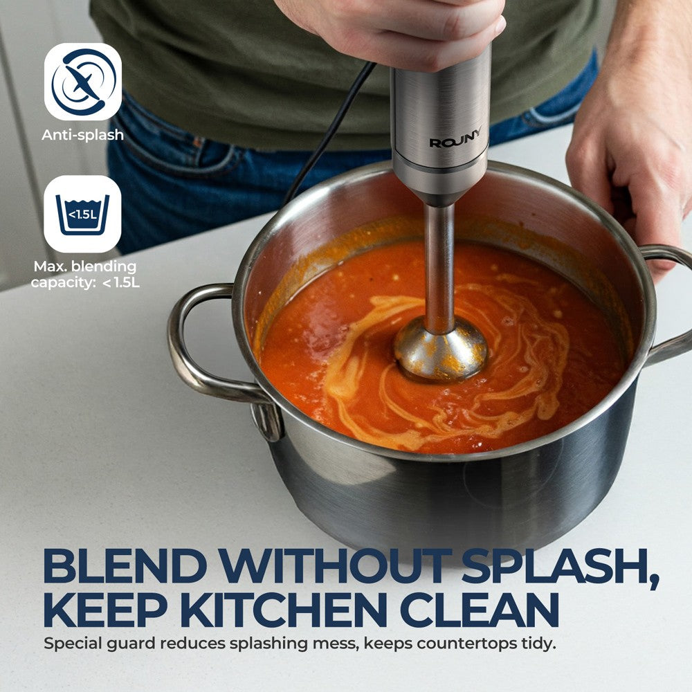 Liquidificador de Imersão Manual 4 em 1 ROUNY 1000W Potente, Mixer de Alimentos em Aço Inox, Copo Medidor de 700ml, Processador de 500ml, Batedor de Claras
