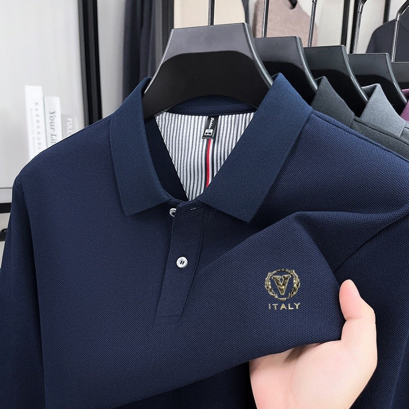 100% pure cotton spring and autumn fashionable men's lapel striped long sleeved polo shirt brand letter V relief design casual T