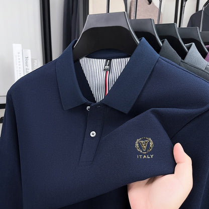 100% pure cotton spring and autumn fashionable men's lapel striped long sleeved polo shirt brand letter V relief design casual T