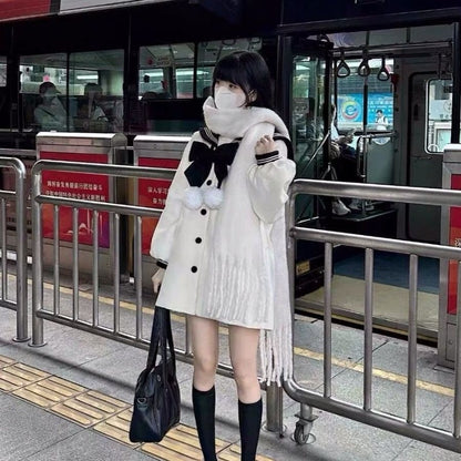 Japanese Sweet Bow Sailor Collar Black Tweed Coat Fashion All-match Jk Jackets for Women 2025 Autumn New Long Sleeve Tops Mujer