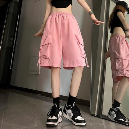 Y2K Cargo Shorts Women Harajuku Black Oversized Wide Leg Shorts Summer Streetwear Fashion High Waist Baggy Lady Short Pants Pink