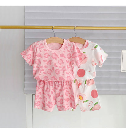 2Pcs 2025 Summer Kids Leopard Print Home Clothes Set Girls' Ice Silk Pajama Sets Baby Short Sleeve Shorts Tops Women' Loungewear