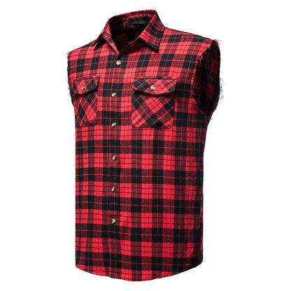 Men's Casual Flannel Plaid Sleeveless Shirt New Double Pocket Cowboy Button Down Shirts Men Cotton Plus Size Vest Checkered Top