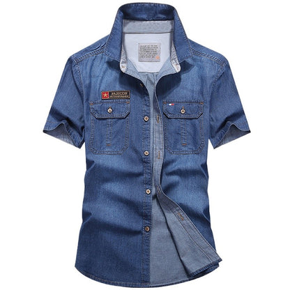 Men Multi pockets Blue Denim Shirts New Summer Male Short Sleeve Tooling Shirts High Quality Men Cotton Casual Jeans Shirts 4XL