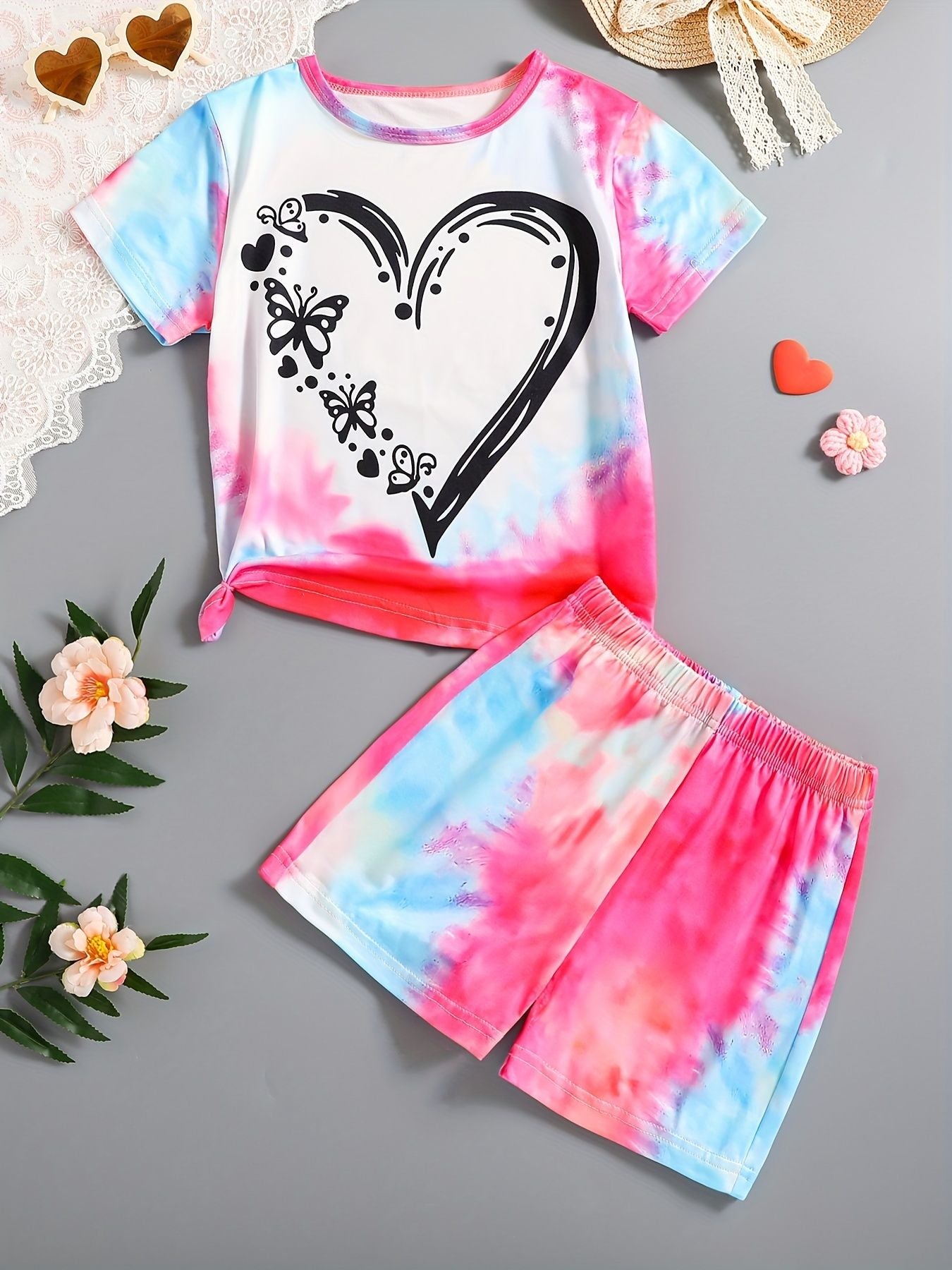 Summer Sets Children's Clothing Girl Kids Toddler Clothes Cute 3D Tie-Dye Print T-Shirt Top Shorts 2PCS Baby Kids Tracksuit Sets