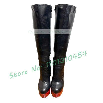 Red Platform Black Knee High Boots Ladies Round Toe Color Matching Stiletto Shoes Women Trendy Big Size Slim High Heels Boots