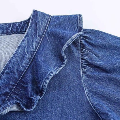 European style new women's fashion all-match temperament lotus leaf lace V-neck long-sleeved denim shirt