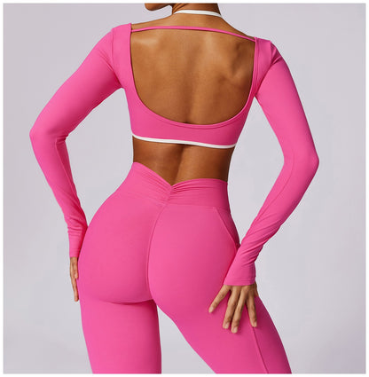 Yoga Set 2PCS Women Sportswear Push Up Workout Clothes Athletic Wear Gym Legging Fitness Bra Crop Top Long Sleeve Sports Suits