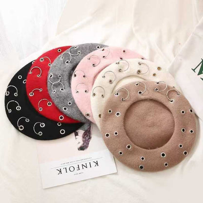 Fashion Winter Berets For Women girl Punk Rock Style Iron Rings Beret Caps Retro Wool Hats Black Woolen Painter Caps