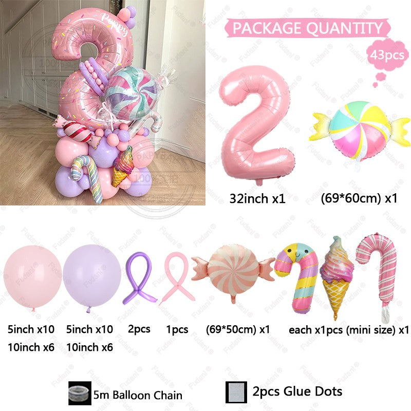 Sweet Pink Lollipop Theme Balloon Column with 32inch Number IcecreamHappy Birthday Party Decora Gifts Supplies