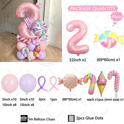 Sweet Pink Lollipop Theme Balloon Column with 32inch Number IcecreamHappy Birthday Party Decora Gifts Supplies