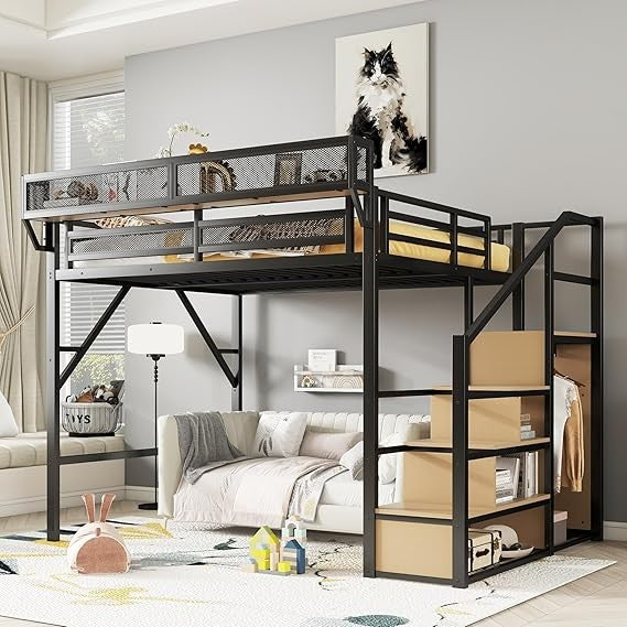 Size Loft Bed with Stairs and Storage, Metal Loft Bed Frame with Bedside Shelf and Large Under-Bed Space, Heavy-Duty Bed