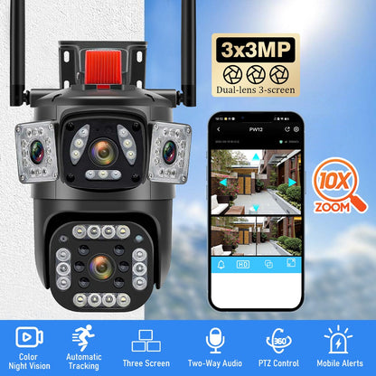 9MP 8K WiFi Camera Outdoor 10X Zoom Three Lens Dual Screen PTZ Waterproof Surveillance Security Video Street Camera