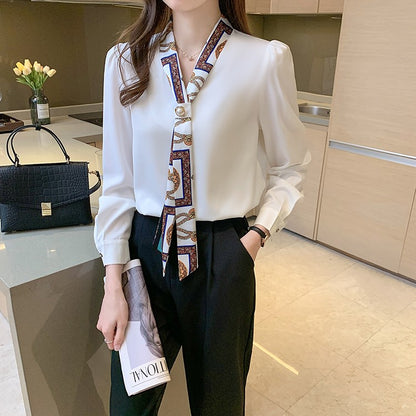 H Han Queen Spring Chiffon Simple Office Lady Blouse Female Shirt Bow Tops Long Sleeve Casual Korean OL Loose Blouses Women